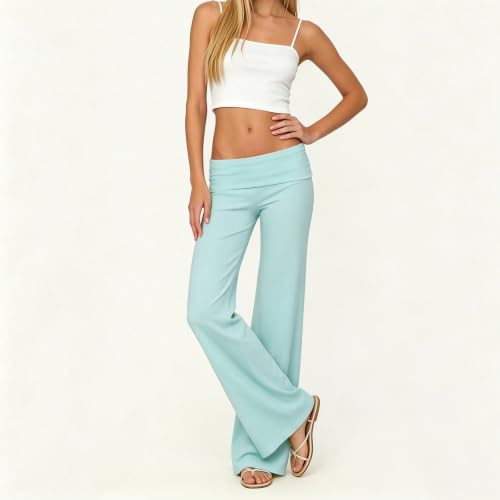 Image of Lounge Yoga Pants for Women Fold Over Low Waist Wide Leg Bell Bottoms | Y2K Foldover Pants, Flare Leggings, Low Rise Yoga Sweatpants