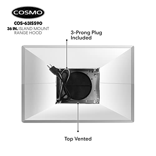 Cosmo Cos-63Iss90 Island Range Hood With 3-Speed Fan, 380 Cfm, Permanent Filters, Led Lights, Soft Touch Controls, Ducted Kitchen Vent Hood Extractor, 36 Inch, Stainless Steel #TOP5
