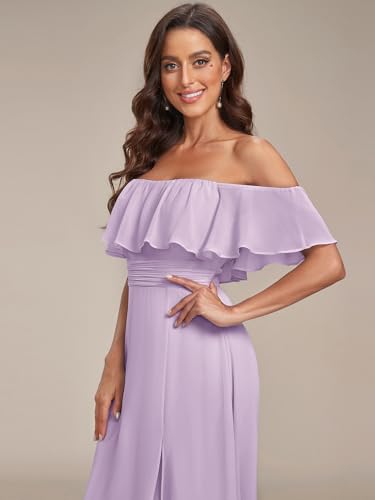 Image of Ever-Pretty Women's Summer Off The Shoulder Flowy Chiffon Formal Wedding Guest Dresses Maxi Side Split Beach Bridesmaid Dress