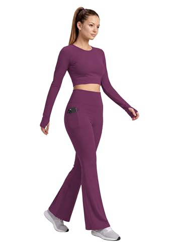 Image of PINAAK FASHION Women's Yoga Co-Ord Set | Full Sleeve Crop Top & Flared High Waist Yoga Pants with Pocket | Thumb Hole Sleeves | Bell Bottom Gym Wear Activewear Tracksuit for Workout, Running & Lounge