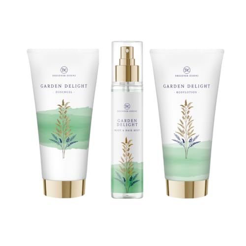 Dresdner Essenz Private Collection Garden Delight Exklusives Pflege-Set mit Duschgel 200ml Bodylotion 200ml & Body Mist 150ml im grünen Duftgarten-Stil