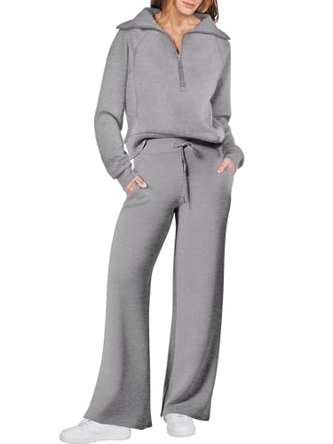 Woolicity Women's 2 Piece Outfits Half Zip Long Sleeve Sweatsuits Sets Wide Leg Sweatpant Tracksuit with Pockets