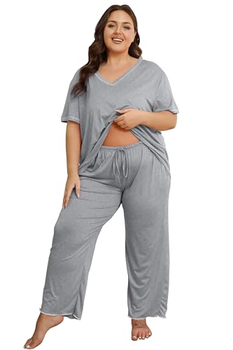 Image of Vozanet Women's Plus Size Pajama Sets Short Sleeve Long Pants Solid Color with Piping Trim Elegant Loungewear Cozy Sleepwear