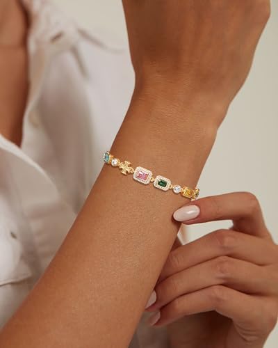 925 Sterling Silver Tennis Bracelet For Women Men 18K Gold Plated Colorful Gemstone Bracelet Multi-Color Cubic Zirconia Bracelets, Hypoallergenic, 7MM, 6.0-8.5Inches, Birthday Christmas Gift3