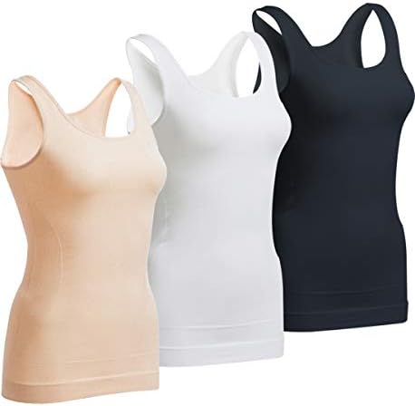 OLCHEE Women's 3PACK Tummy Control Shapewear Tank Tops - Seamless Wide Shoulder Strap Slimming Body Shaper, Black White Beige, Size XL