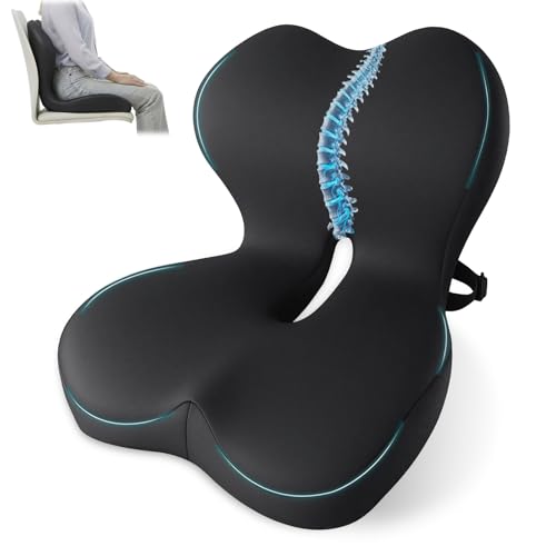 Image of Memory Foam Seat Cushion,Office Chair Cushion with Lumbar Support for Back Pressure Relief, Car Seat Cushion with Adjustable Strap,Sciatica Pad Cushions for Car,Truck, Desk (D-Black)