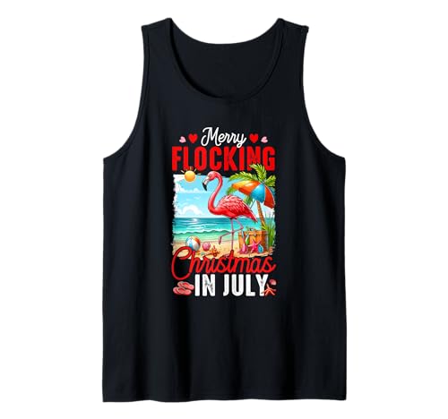 Merry Flocking Christmas In July Summer Flamingo On Beach Tank Top