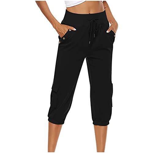 Sukilimiy Womens Capri Pants For Summer Drawstring Cargo Pants Elastic Waist Casual Capri Joggers Loose Straight Trousers Pants With Pocket Plus Size High Waist Baggy Wide Leg Cropped Pants A-Black #TOP2