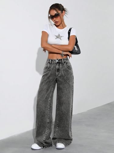 Image of GRECIILOOKS Cargo Jeans for Women - Wide Leg High Waist Baggy Denim Pants | Casual Fit Trousers with Utility Pocket Design