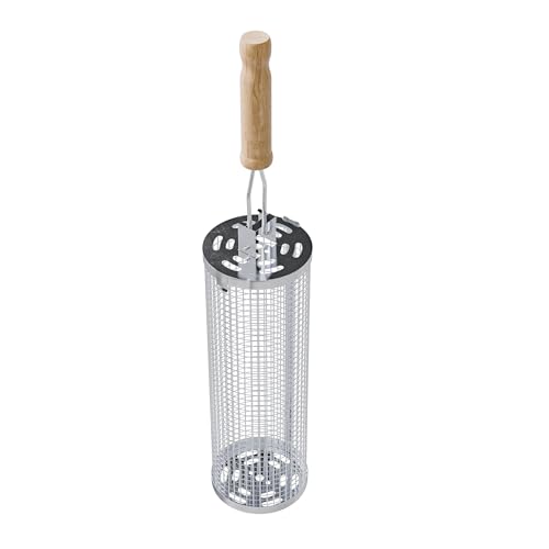 Amig - Cesta Redonda para Barbacoa - 8 x 20 cm - Mango Madera - Parrilla de Acero Inoxidable - Cesta Giratoria para Barbacoas en Jardín o Camping - Apoyo Estable y Limpieza Sencilla - Mod. AM28
