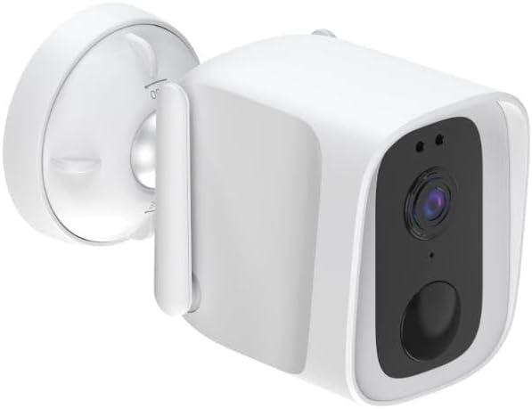 Energeeks Guardian outdoor camera, angled view showing the lens and mounting bracket.