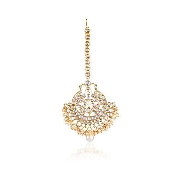 Chooseberry The Royal Bride Collection Gold Plated Chandbali Kundan Bridal Earrings and Maangtikka with Hanging Pearls for Women and Girls - Image 5