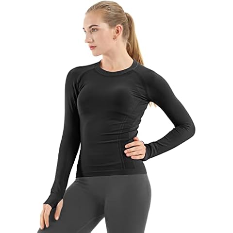 MathCat Women's Long Sleeve Running Yoga Tops with Thumbholes, Workout Gym Tops Shirts for Women, Seamless Base Layer Thermal Tops for Sports Fitness(BK.M) Black Cover