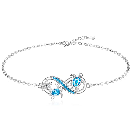Image of Fenthring Turtle Anklet S925 Sterling Silver Blue Opal Sea Turtle Ankle Bracelets for Women Infinity Wave Ocean Beach Summer Foot Bracelet Jewelry Layered Adjustable