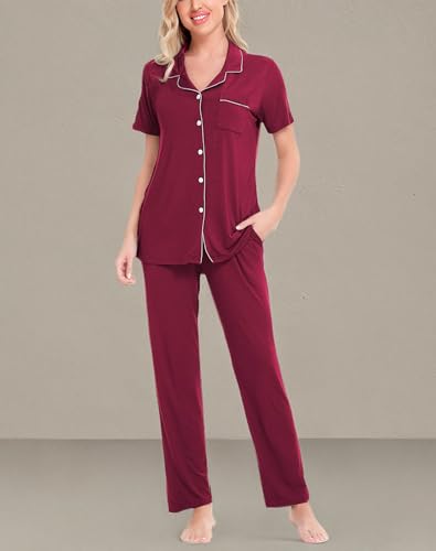 Image of SWOMOG Women Pajama Sets Two-Piece Nightwear Short Sleeve Sleepwear Button Down Pj Lounge Sets with Long Pants