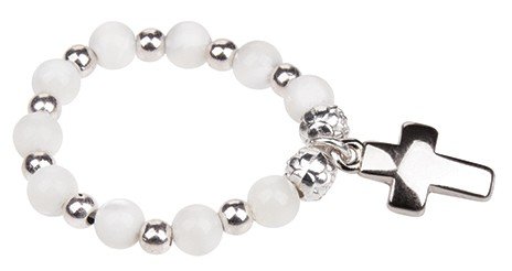 FINGERROSENKRANZ in WEISS mit schlichtem KREUZ, handlicher MINIROSENKRANZ für unterwegs, GEBETSHILFE zur KOMMUNION, TAUFE oder für SENIOREN – MaMeMi