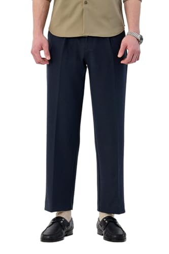 Image of SNITCH Men Casual Trousers| Baggy Fit Mid Rise Solid Plain Front Style | Breathable Cotton Blend & Lightweight Linen Fabric for Summer & Everyday Outings