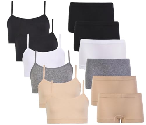 I&S Girl's Pack of 6 Sets of Matching Spaghetti Strap Bras & Seamless BoyShorts or Bikinis (12-14 Years, Enchanted Floral Princess)