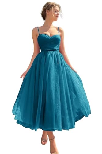 Image of A line Ruched Tulle Prom Dress Spaghetti Straps for Women, Tea Length Sweetheart Homecoming Dress Cocktail Dress