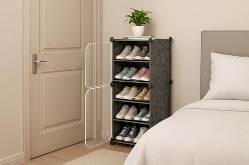 Image of KRISHYAM 6-Tier Shoe Rack Organizer with 2 Doors | DIY Portable Shoe Storage Cabinet for Boots, Shoes & Slippers | 12 Pair Capacity | Closet Organizer & Space Saver - Black