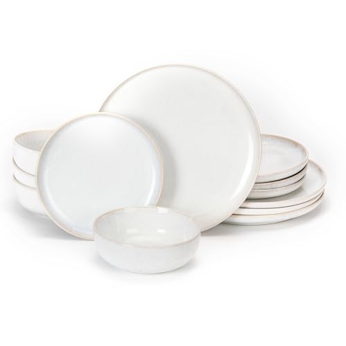 LINKLIFE Plates and Bowls Sets, Ceramic Dinnerware Sets, 12 Pieces Modern Stoneware Dinnerware Set for 4, Reactive Glaze Dinnerware Set for Home Kitchen, Scratch Resistant, Microwave and Dishwasher