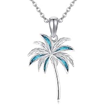 URONE Palm Tree Necklace 925 Sterling Silver Coconut Tree Turquoise Pendant Necklace Tropical Palm Beach Jewelry Gifts for Women