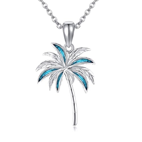 Image of URONE Palm Tree Necklace 925 Sterling Silver Coconut Tree Turquoise Pendant Necklace Tropical Palm Beach Jewelry Gifts for Women