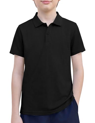 Arshiner Boys Performance Polo Shirt Golf Uniform Short Sleeve Active Casual Button Collared T Shirt Size 9-10 Black