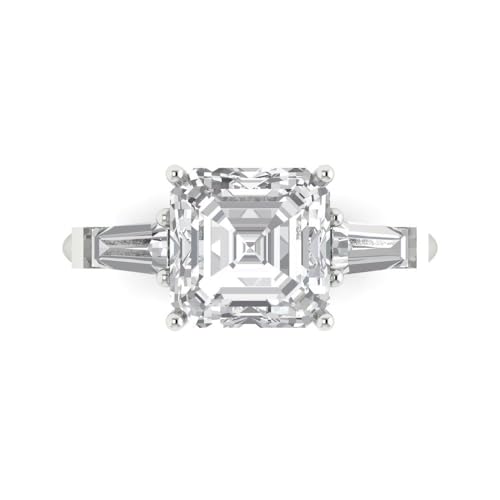 Clara Pucci 3 CT Asscher Cut Moissanite Ring for Women in 14K White Gold, 3 Stone Proposal Wedding Anniversary Designer Bridal Ring, Womens Solid Gold Ring