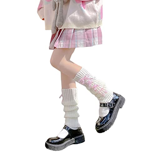 Image of Lolita Knit Leg Warmers Ribbon Bow Knot Japanese Cable Knit Footless Boot Socks Kawaii Leg Sleeves