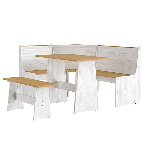 Willood 3 TLG. Eckbank Eckbankgruppe für Esszimmer Küchegruppe Reine Honigbraun Weiß Massivholz Kiefer