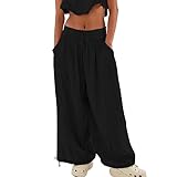 Pantalones Holgados de Algodón y Lino para Mujer Cintura Elástica Relax Fit Linterna Pantalones Pantalones de Verano Flojos de la Playa del Harén (Color : Black, Size : L)