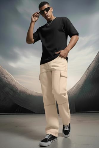 Image of Veirdo Men's Cargo Pants | Relaxed Fit Utility Trousers with Multi Pockets | Casual Streetwear Cotton Bottoms - Beige, Black & Grey| Sizes: S to XXL