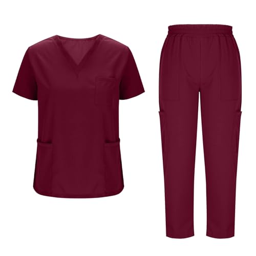 Uniforme Sanitario Mujer,Conjunto de Uniformes Médicos para Mujer Cuello V Trabajo Médico Manga Corta y Pantalón Largo con Bolsillos Uniformes de Enfermería Color Sólido Ropa Trabajo Rebajas