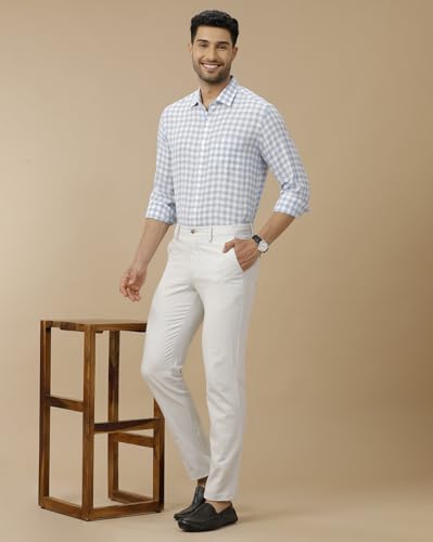 Image of Linen Club Men's Pure Linen Blue Checked Contemporary Fit Half Sleeve Casual Shirt