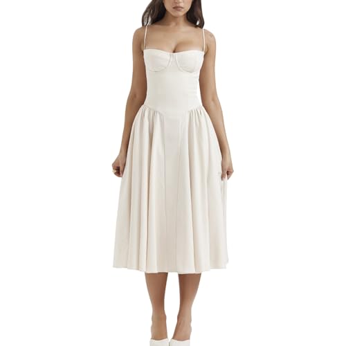 Damen-Korsettkleid, Elegantes Spaghettiträger-Midikleid, fließender Plisseesaum, tiefer Schnitt, Ballkleid, Blumenmuster, Bustier-Kleid, Beige,...