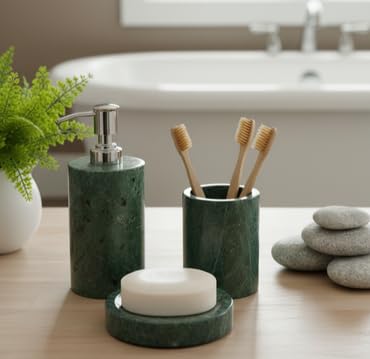 Image of Marble Stone Luxury Bath Accessories - Soap Dispenser, Toothbrush Holder, Soap Dish ( Green ) - Set of 3