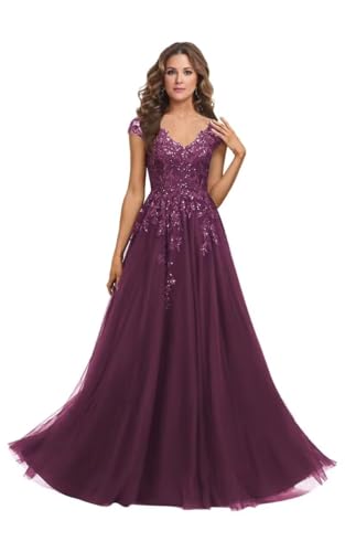 Mother of The Bride Dresses for Women Short Sleeve A Line V Neck Long Chiffon Lace Sequin Formal Evening Gowns