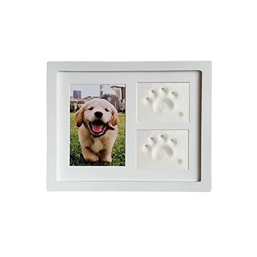 JunWish Pet Paw Print Keepsake Kit for Dog/Cat, Wooden Photo Frame with Pet Paw Print Imprint Kit (White)