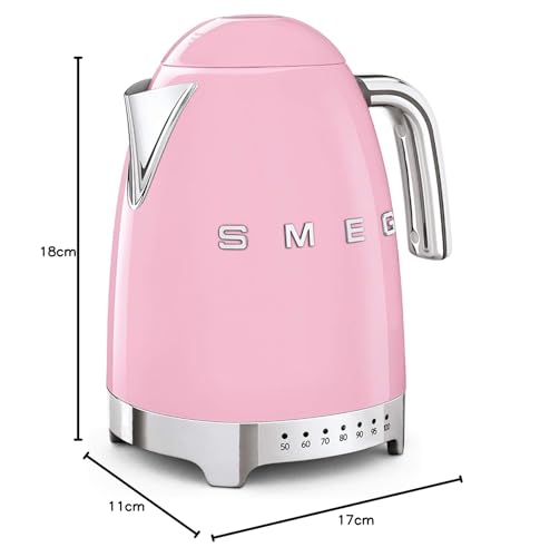 Smeg, Bouilloire à Température Variable KLF04PKEU 1,7 L, Plusieurs Température, Filtre Anticalcaire Lavable, Arrêt Automatique de Sécurité, Indicateur de Niveau d'Eau, Range Câble, 2400W, Rose