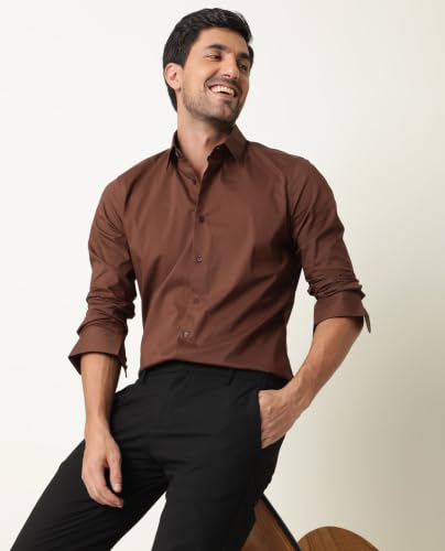 Rare Rabbit Men Regular Fit Solid Brown Cotton Button-Down Long Sleeve Shirt | - Image 7
