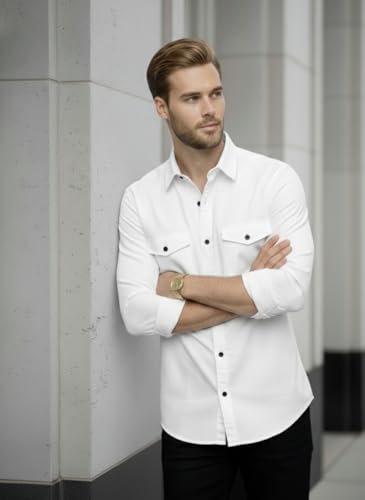 Image of DEELMO Men's Classic Cotton Blend Slim Fit Shirt || Full Sleeve Button-Down Casual Shirt with Dual Flap Pockets || Soft Breathable Fabric || Ideal for Office Party and Everyday Wear
