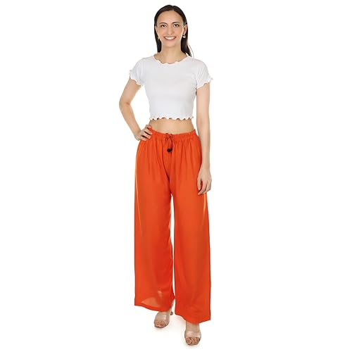 Image of Women's Rayon Palazzo Pants | Solid Color Wide Leg Trousers in 18 Shades | Elastic Waist Casual Bottoms XS-7XL | Comfortable