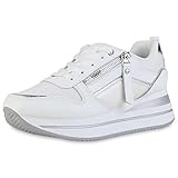 VAN HILL Damen Plateau Sneaker Keilabsatz Schuhe Zipper Schnürer Plateauschuhe Keilsneaker Metallic Schnürschuhe 203390 Weiss Silber Metallic 40