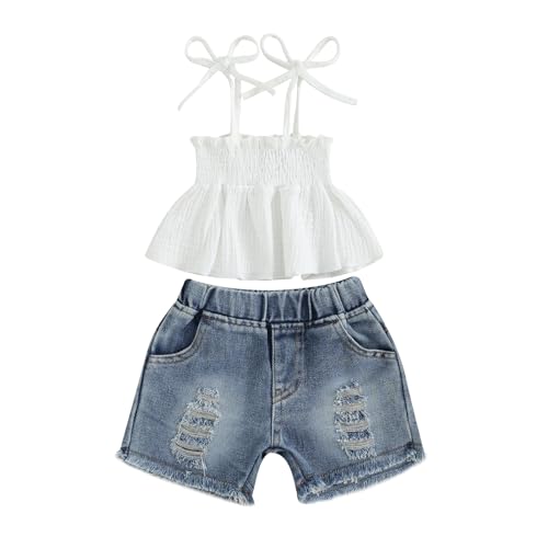 fhutpw Baby Toddler 12 18 24 Months 2T 3T 4T Girl Clothes Summer Ruffle Sleeveless Tops & Ripped Denim Shorts Set Kid Outfits