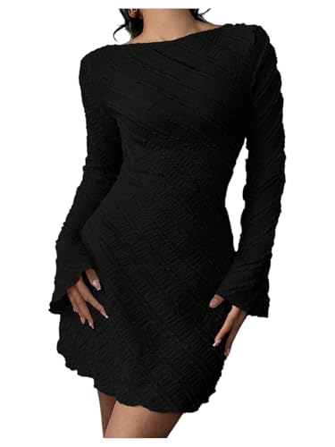 Milumia Women's Textured Backless Long Bell Sleeve Mini Dress Boat Neck Lettuce Trim Short Dresse Going Out