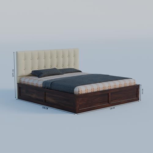 Image of Sheesham Wood King Size Bed with Storage Box | Upholstered Beds | Platform Cot with Cushioned Headboard | Double Bed for Home | Recommended Mattress 78x72 Inch | Cream & Walnut Finish