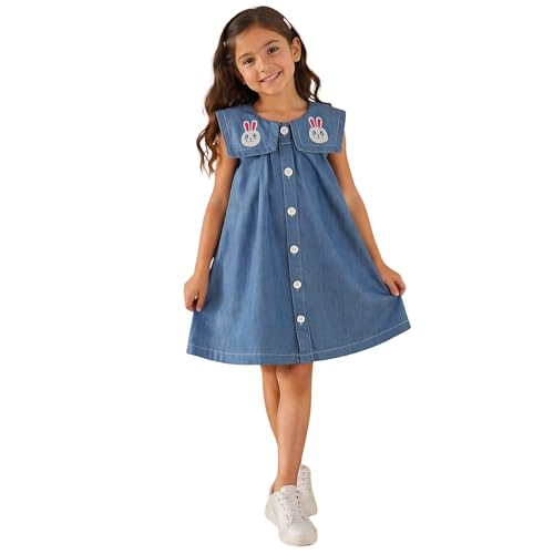 Image of superminis Girls Denim Solid Color Half Sleeves Dress with Embroidered Pocket (1 Dress)