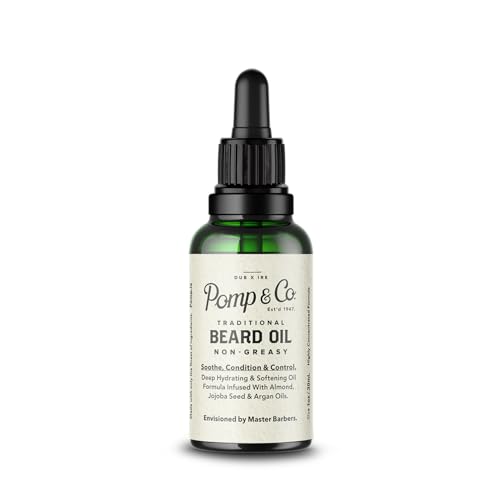 Pomp & Co Non Greasy Beard Oil, Aceite de Barba Hidratante y Suavizante Infundido con Jajoba y Aceite de Argán 30ml