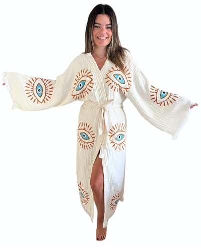 Handmade Evil Eye Kimono - Women Beach Cover Up - Festival Bohemian Robe - Boho Cotton Cardigan - Dressing Gown